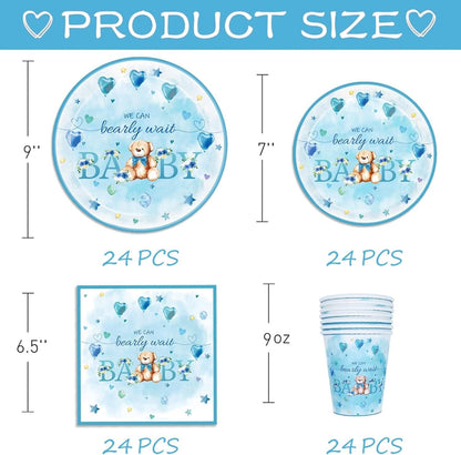 [MINSHI]テディベアのベビーシャワーの食器皿とナプキン-24人のゲストのためのベビーシャワーの装飾用品を我慢できません男の子のベアのテーマパーティー用品子供の誕生日パーティーとベビーシャワー